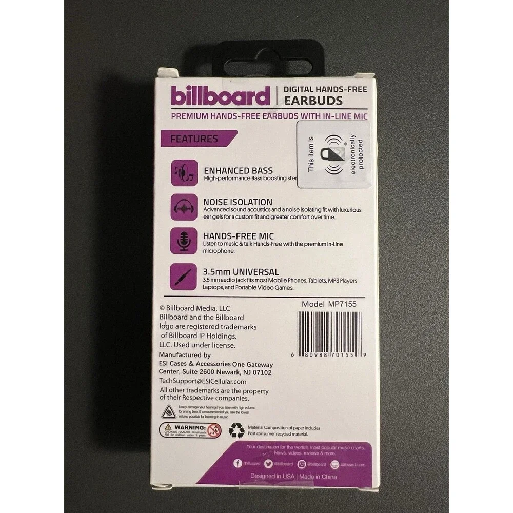Billboard Stereo In-Ear Earbuds Super Bass Mic 3.5mm Plug Purple *NEW*